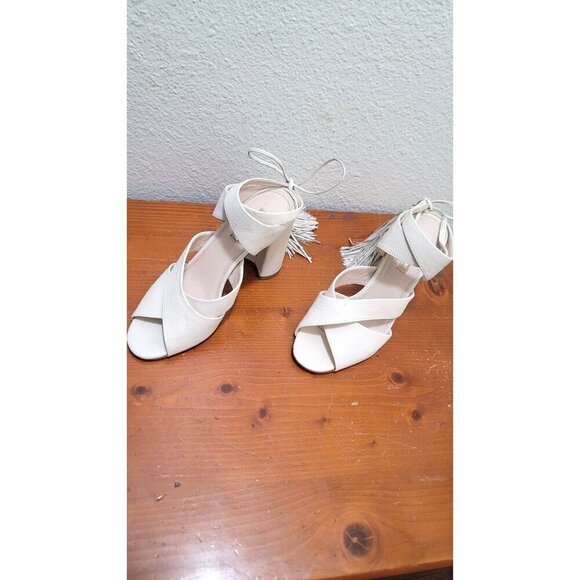 Louise et cie Open-Toe Block  Pump Heel Sandals With Tassel Ankle Ties In Ivory - Picture 1 of 12